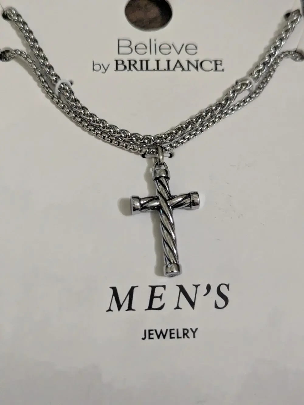 Believe by Brilliance Men's 2 Stainless Steel Dog Necklaces Cross Silver Plated